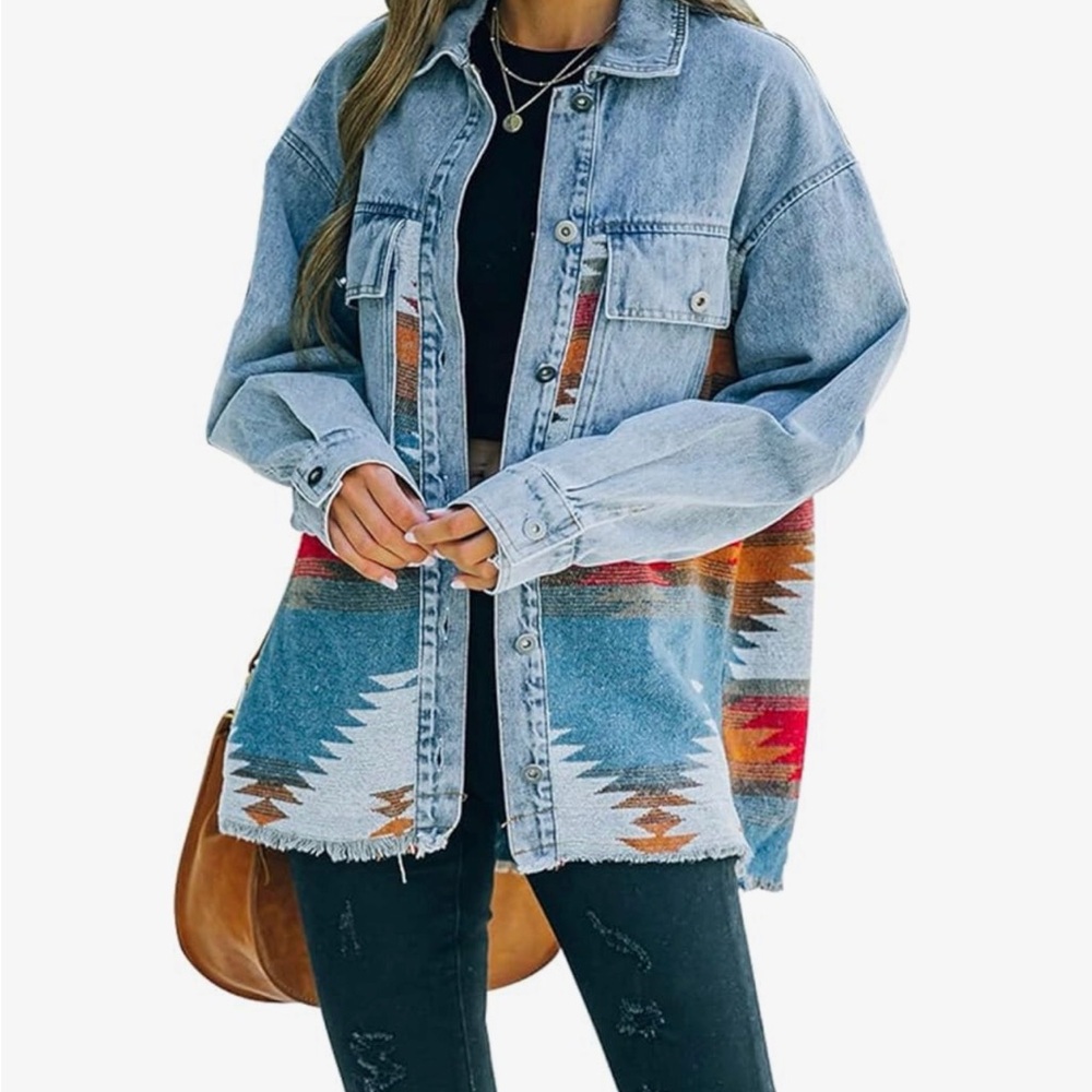 Denim Jacket with Aztec Pattern